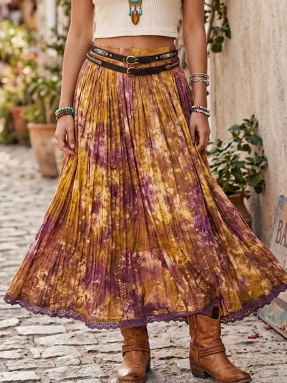 Sandy Starkman Bohemian Pleated Maxi Skirt Tie-Dye Crinkle Gypsy Festival Medium
